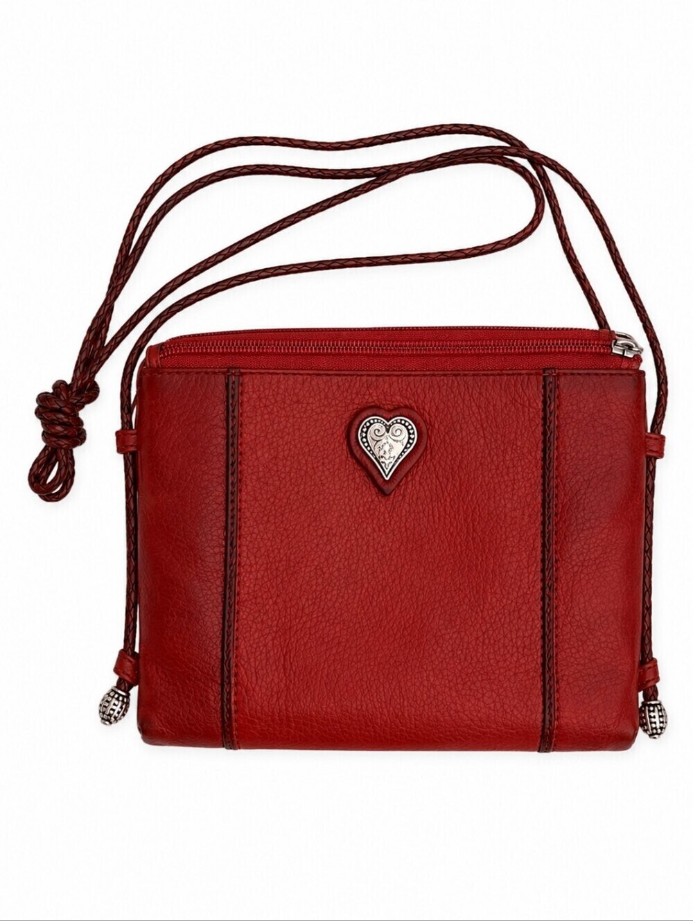 BRIGHTON Red Leather Wallet Braided Strap Three Compartment Crossbody Bag